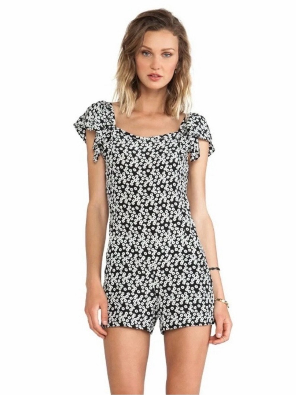 PAM & GELA | Black and White Flutter Sleeve Ditzy Floral Silk Romper Sz. 4